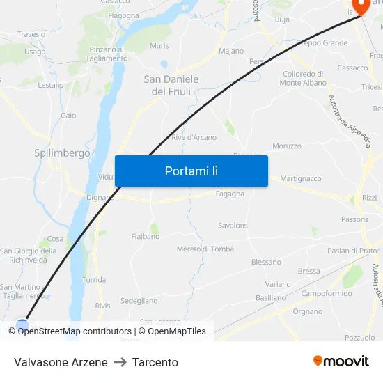 Valvasone Arzene to Tarcento map