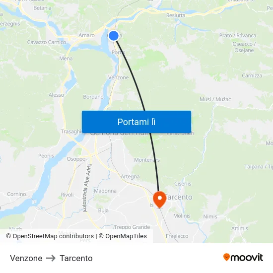 Venzone to Tarcento map