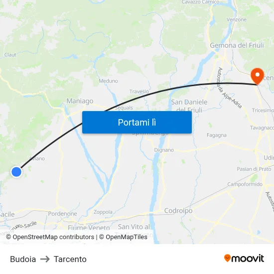 Budoia to Tarcento map