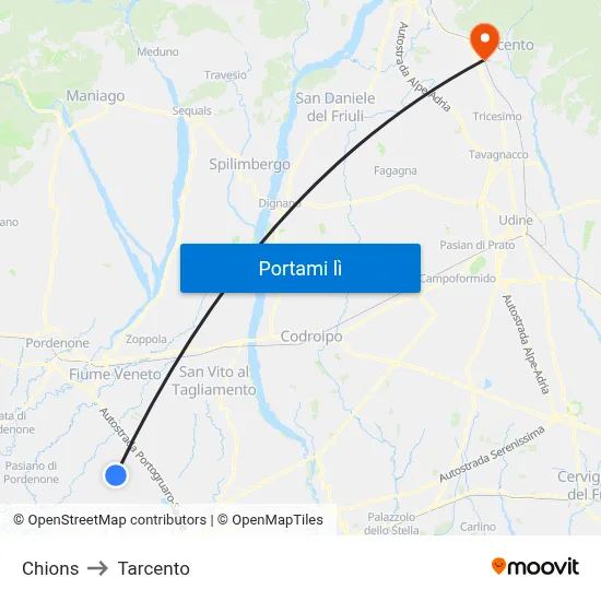 Chions to Tarcento map