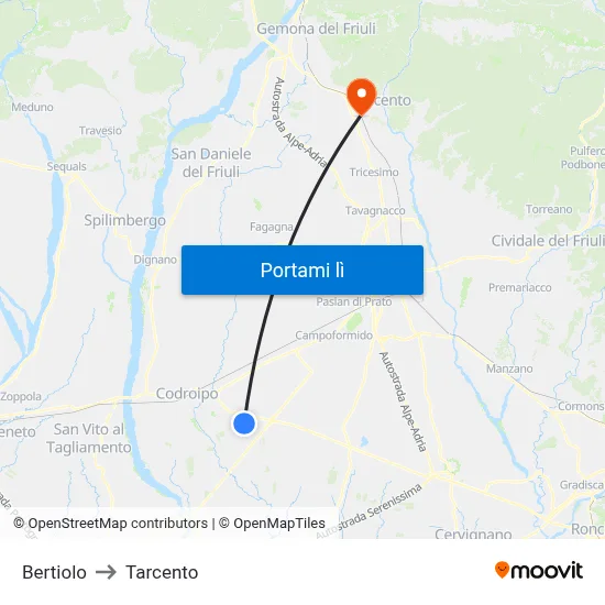 Bertiolo to Tarcento map