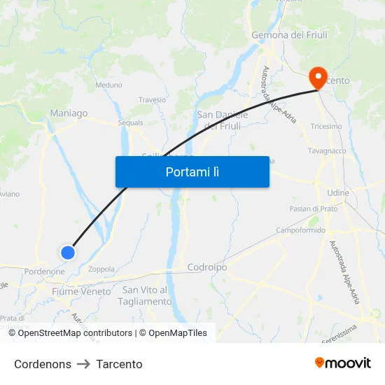 Cordenons to Tarcento map