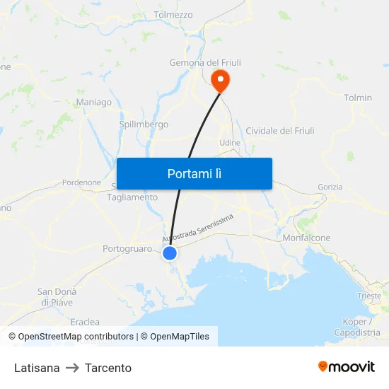 Latisana to Tarcento map