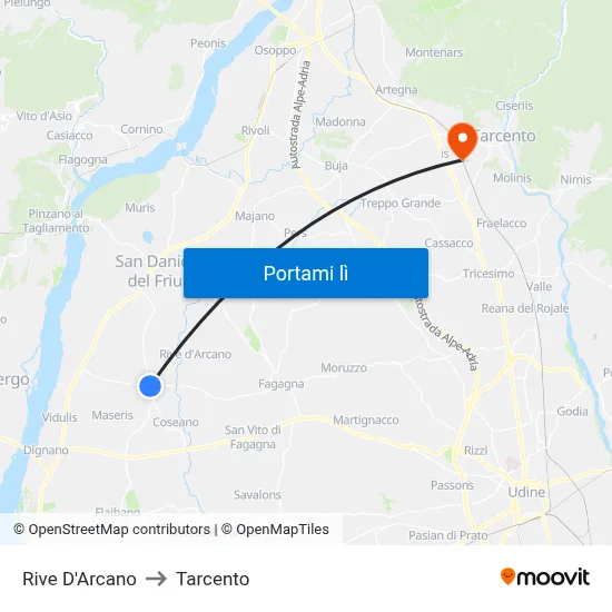Rive D'Arcano to Tarcento map