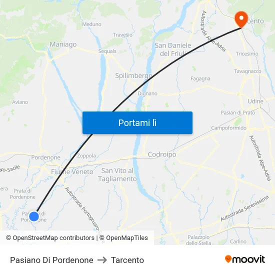 Pasiano Di Pordenone to Tarcento map