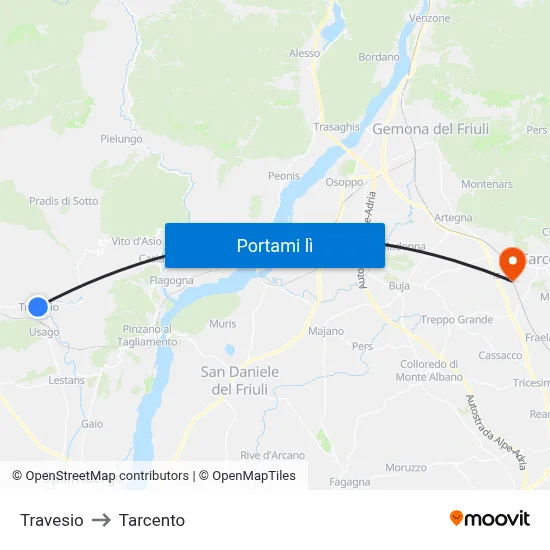 Travesio to Tarcento map
