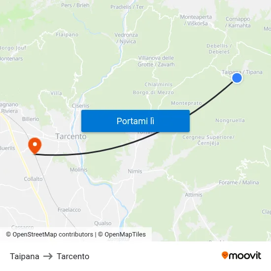 Taipana to Tarcento map