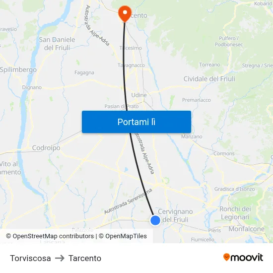 Torviscosa to Tarcento map