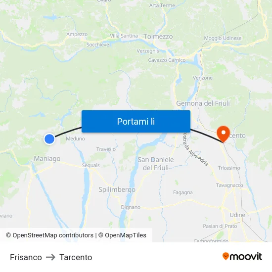 Frisanco to Tarcento map