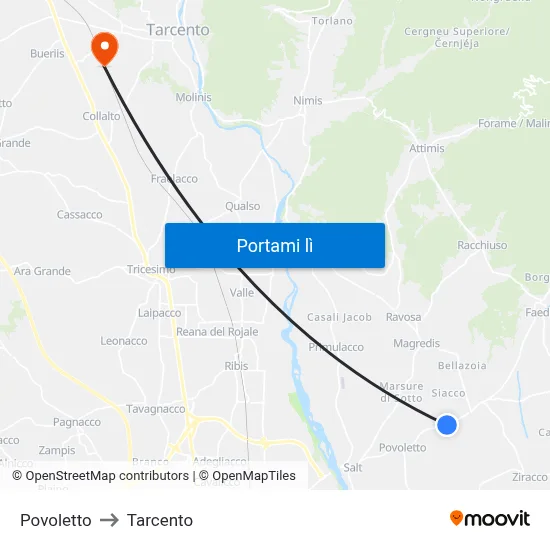 Povoletto to Tarcento map