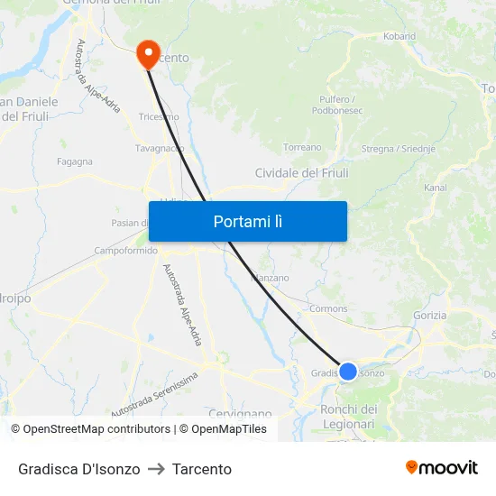 Gradisca D'Isonzo to Tarcento map