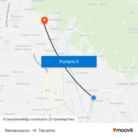 Remanzacco to Tarcento map