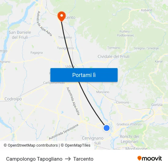 Campolongo Tapogliano to Tarcento map