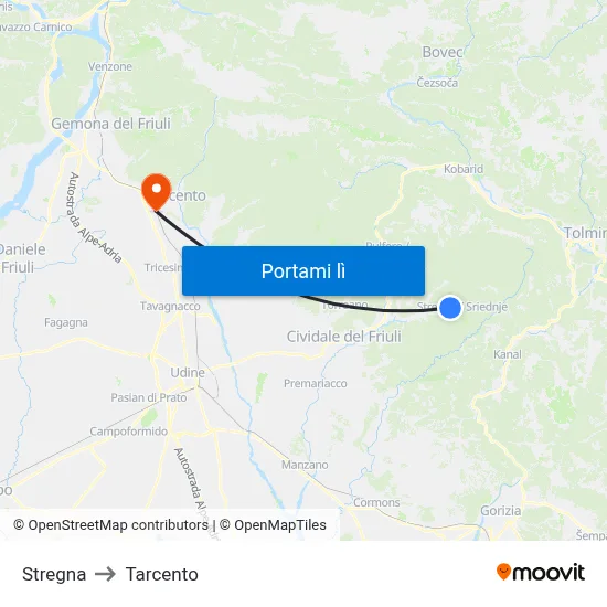 Stregna to Tarcento map