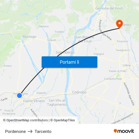 Pordenone to Tarcento map