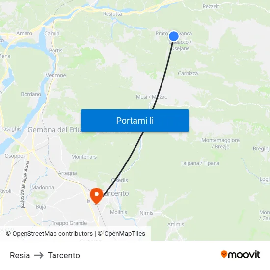 Resia to Tarcento map