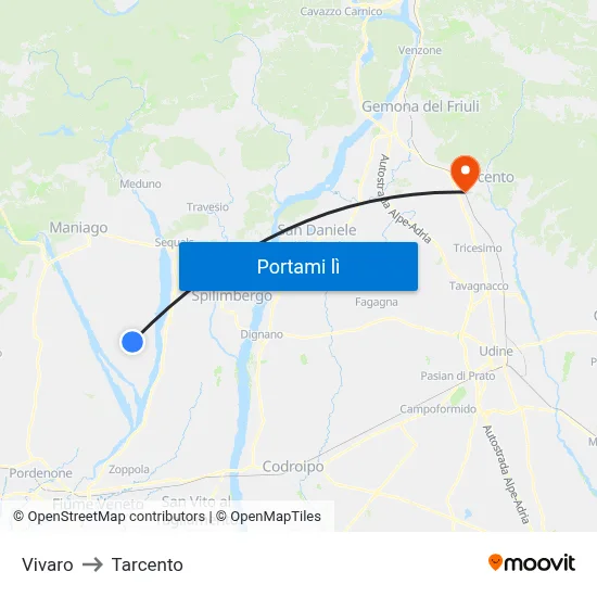 Vivaro to Tarcento map