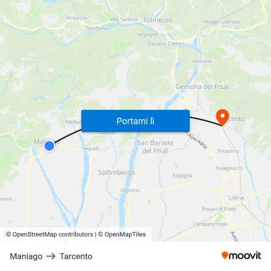 Maniago to Tarcento map