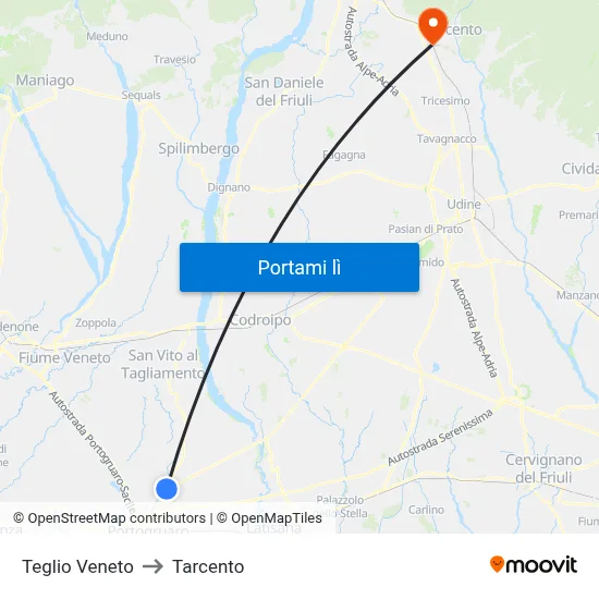Teglio Veneto to Tarcento map