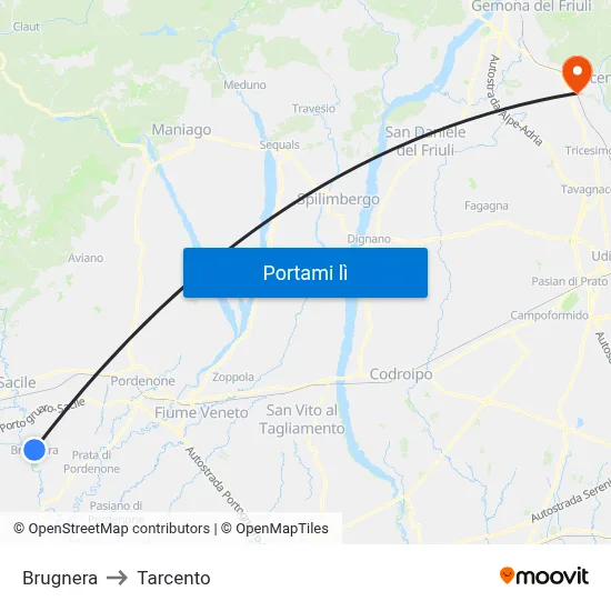 Brugnera to Tarcento map
