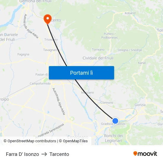 Farra D' Isonzo to Tarcento map