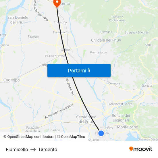 Fiumicello to Tarcento map