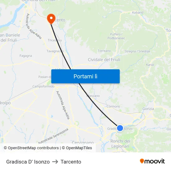 Gradisca D' Isonzo to Tarcento map