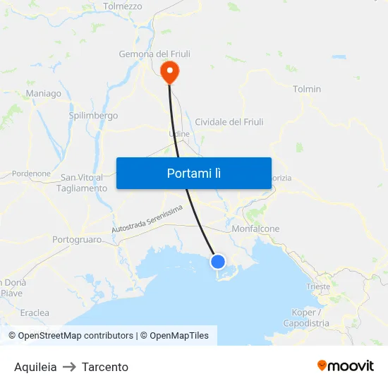 Aquileia to Tarcento map