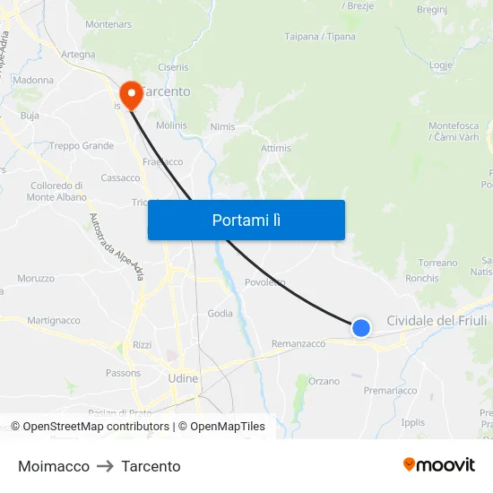 Moimacco to Tarcento map