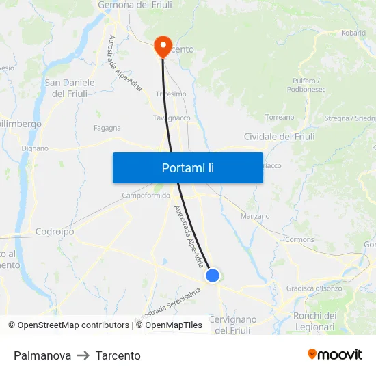 Palmanova to Tarcento map