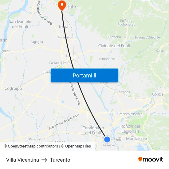 Villa Vicentina to Tarcento map