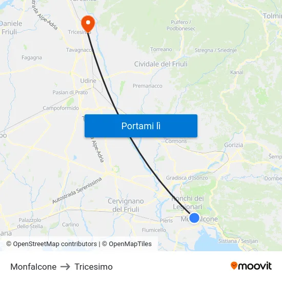 Monfalcone to Tricesimo map