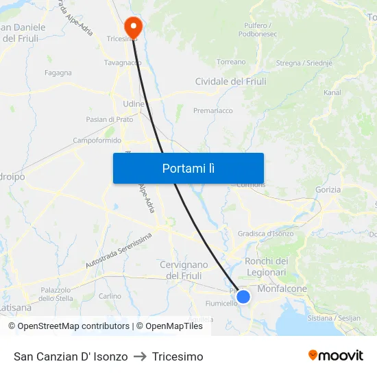 San Canzian D' Isonzo to Tricesimo map