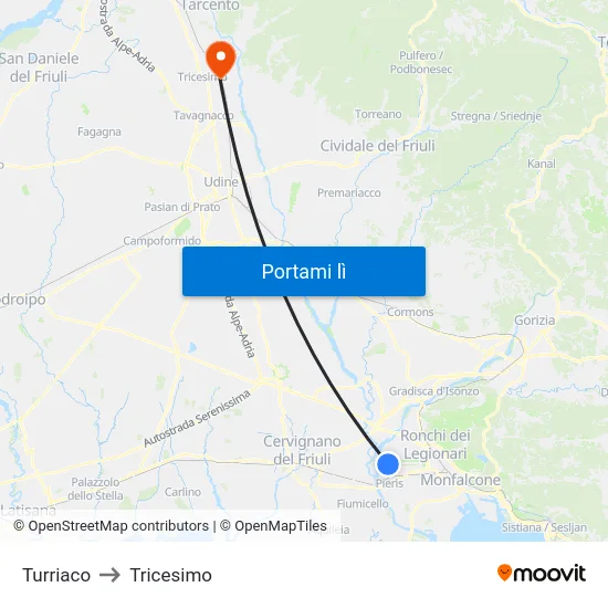 Turriaco to Tricesimo map