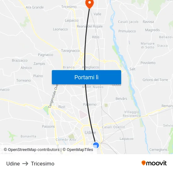 Udine to Tricesimo map