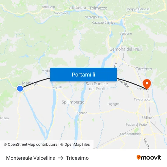 Montereale Valcellina to Tricesimo map