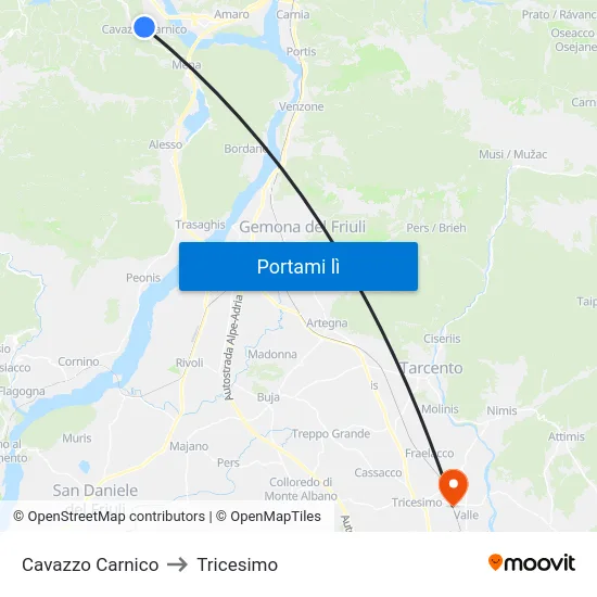 Cavazzo Carnico to Tricesimo map