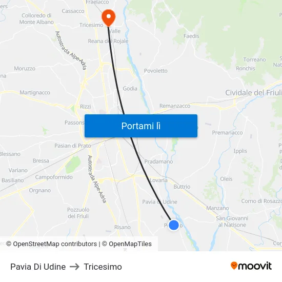Pavia Di Udine to Tricesimo map