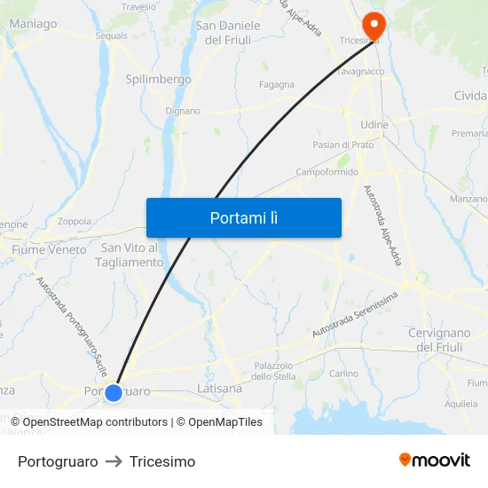 Portogruaro to Tricesimo map