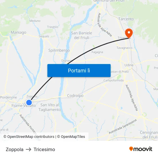 Zoppola to Tricesimo map