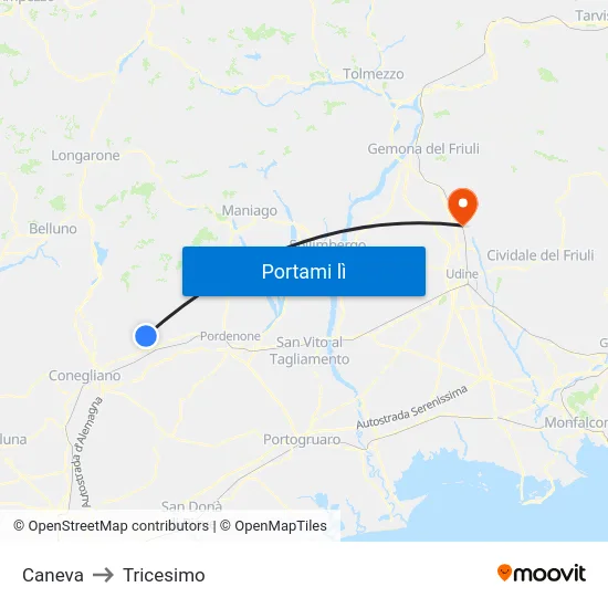 Caneva to Tricesimo map
