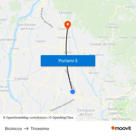 Bicinicco to Tricesimo map