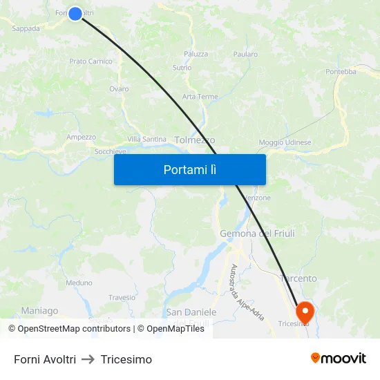 Forni Avoltri to Tricesimo map