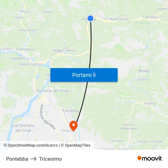 Pontebba to Tricesimo map