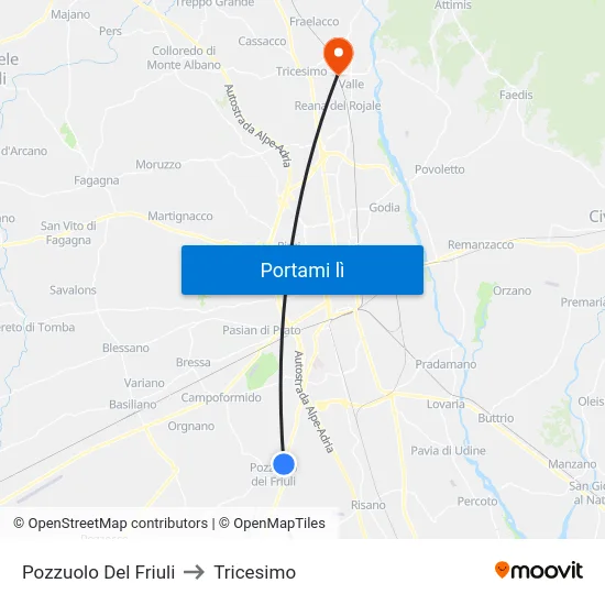 Pozzuolo Del Friuli to Tricesimo map