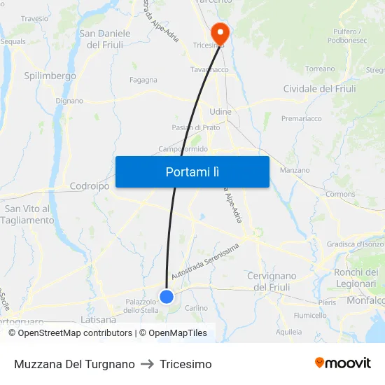Muzzana Del Turgnano to Tricesimo map
