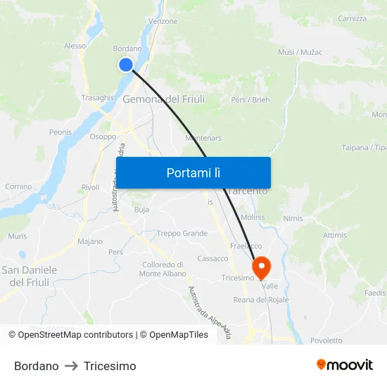 Bordano to Tricesimo map