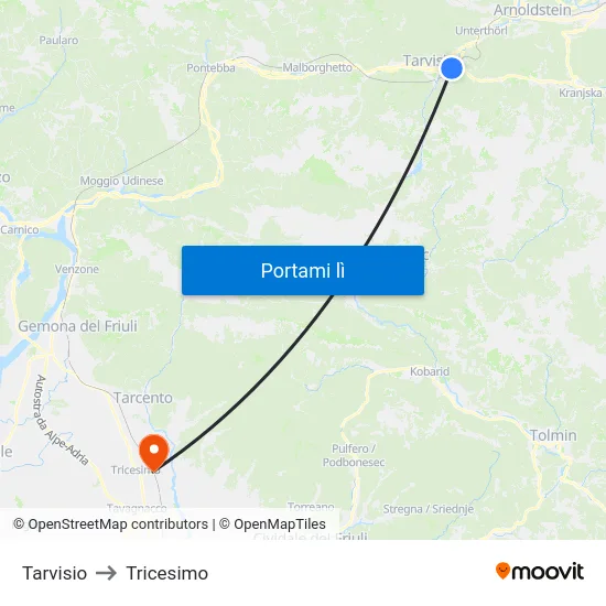 Tarvisio to Tricesimo map