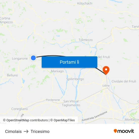Cimolais to Tricesimo map