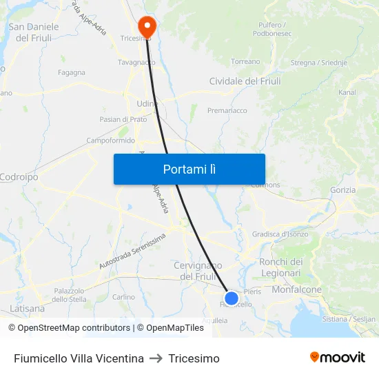 Fiumicello Villa Vicentina to Tricesimo map